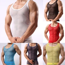 Solid Color Slim Fit Mesh T Shirt Men's Sexy See Through Tank Top Vest