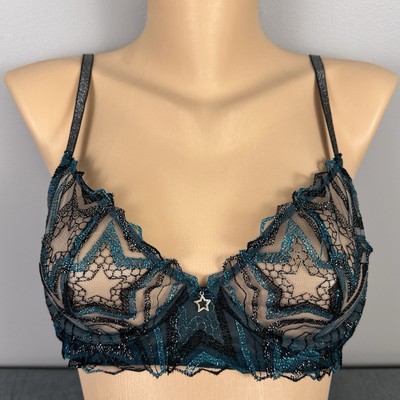 New Savage X Fenty Bra 36B Shining Star Embroidered Unlined Demi Bra Sheer U/W