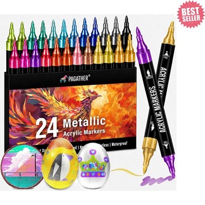 24 Metallic Acrylic Paint Markers - Paint Pens for Drawing, Brush + Fine Tips -
