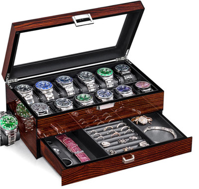 Estuche premium para relojes de madera, 12 ranuras, doble capa con cajón