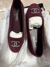 Rare CHANEL Burgundy Suede Ballerinas Flats With Large Silver Chain CC Logo 38 C