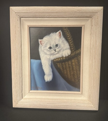 #ad VTG Style Fluffy White Cat in Basket Oil Painting by R. Montes Rustic Frame $59.99