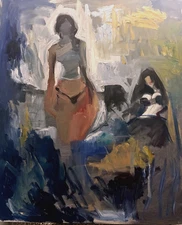 Seascape Abstract Figures Cubism Oil Painting 22x28 Canvas Original Signed