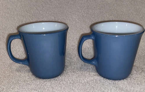 Vintage Pyrex Slate Blue/ Milk Glass 8 oz. D Handle Coffee Cup/ Mug Set Of 2