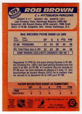 1988/89 ROB BROWN PITTSBURGH PENGUINS OPC NHL HOCKEY CARD #109 | eBay