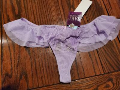 A-3 NWT SAKI SILVER NYLON SPANDEX THONG PANTIES w RUFFLE 121032 LILAC