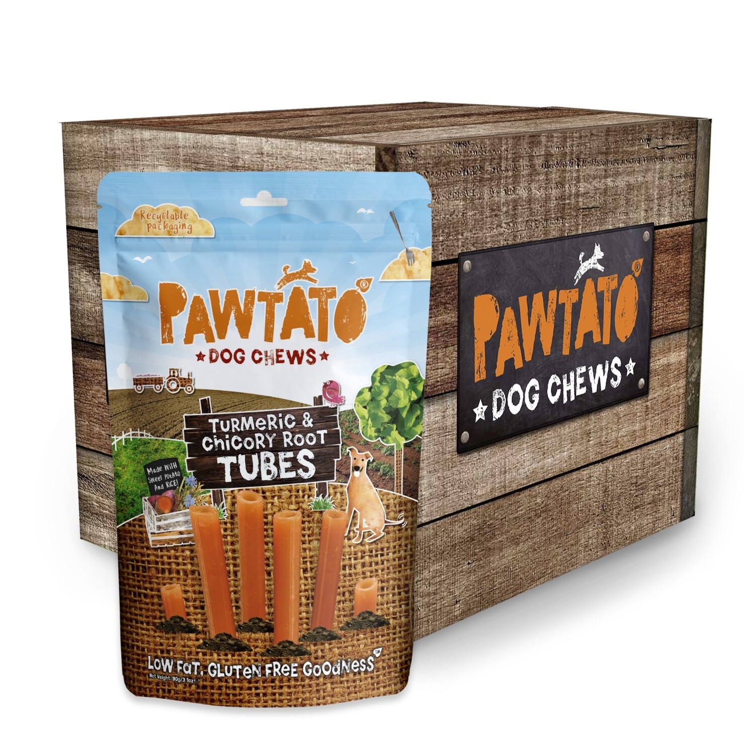 Pawtato Dog Tubes Turmeric & Chicory Root 6 Pack Low Fat Plant-Based Chews