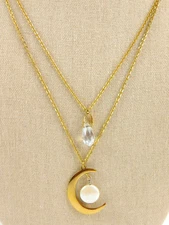 Gold Tone Multi Chain Crescent Moon Crystal Pearl Pendant Necklace 18"