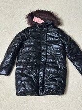 New Girl's Urban Republic Long Puffer Jacket Metallic Black Brown Fur Trim Sz 16