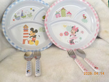 Disney Baby Minnie  Mickey Mouse Divided Plate Set w/ matching spoons and forks