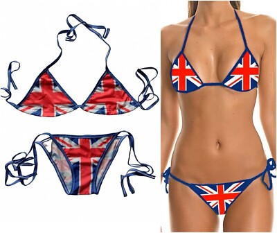 Union Jack Flag Tie Up String Bikini red white blue 2 piece GB top bottoms set