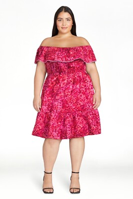 NEW Terra & Sky Off The Shoulder Tiered Dress Pink Boho Crochet Trim Size 2X