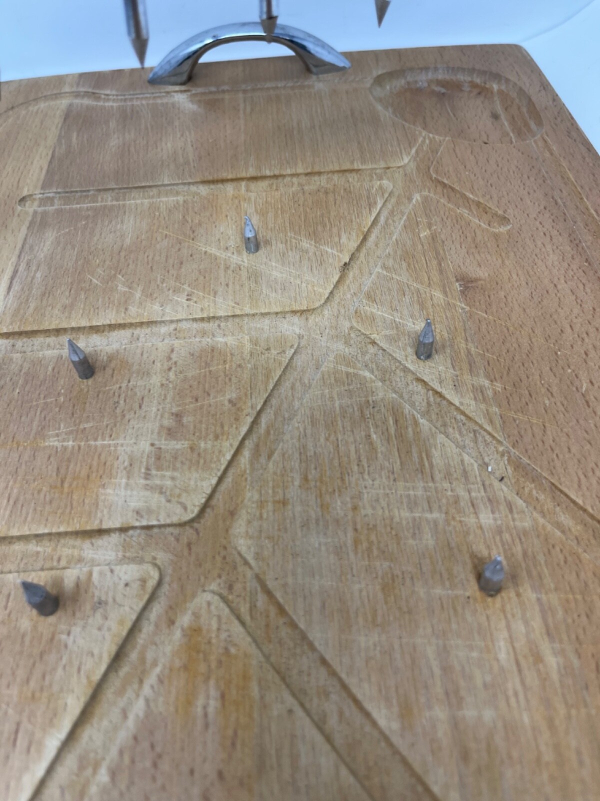 Vintage Wood Meat Carving Board Metal Spikes Metal Handles 20 in x 12