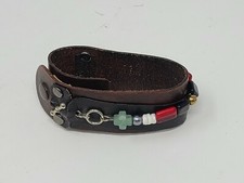 Brown Leather Cuff Bracelet w/Red, Green, White, Gold Beads