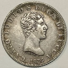 1 LIRA 1834 LUCCA KING CARLO LUDOVICO DI BORBON 1824-1847 SILVER COIN