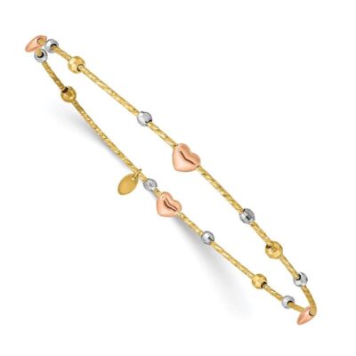 14k dreifarbiger Gold Herz diamantgeschliffener Slipperarmreif 1,82 g