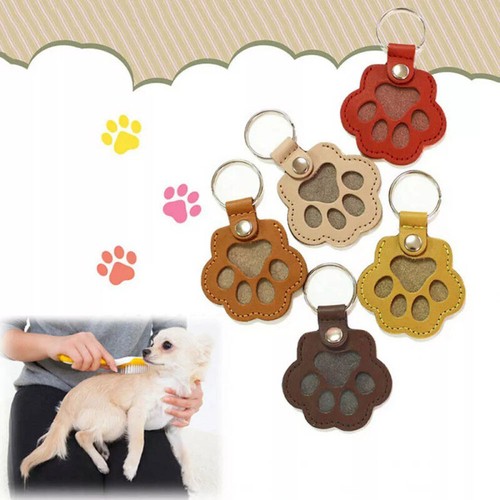Leather Memorial Pet Hair Storage Bag Cat Paw Print Shaped Card Holder Keychain - Picture 6 of 17