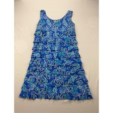 Lulu-B Tiered Ruffle Dress Women Large Blue Coral Rope Print Sleeveless Coastal