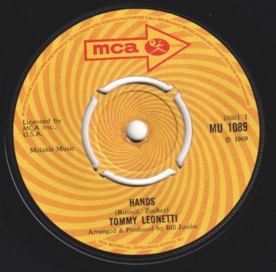 Tommy Leonetti Hands 7'' Vinyl UK MCA 1969 4-Prong Label Design MU1089