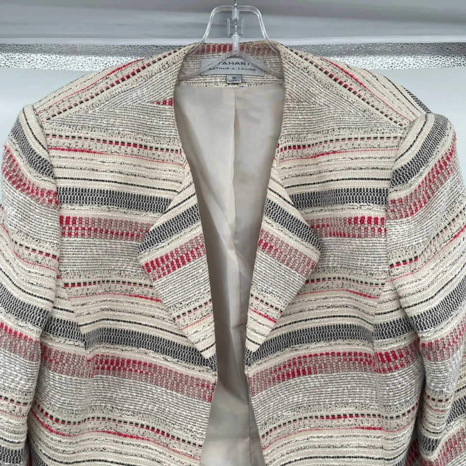 Blazer TAHARI Mujer Texturizado Rayas Frente Abierto Crema/Multi Talla 16 Bolsillos Foto 2 de 4