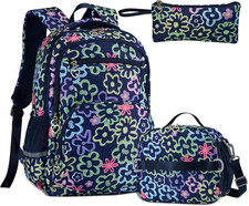 3Pcs Girls Backpack Set with Lunch Box Pencil Case Water-Resistant Flower Pr