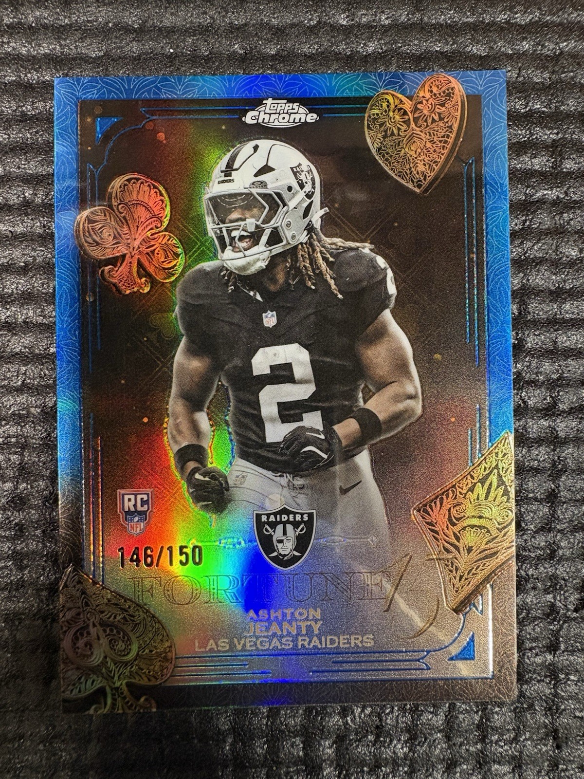 2025 Topps Chrome Ashton Jeanty Fortune 15 Blue Refractor /150 RC Raiders