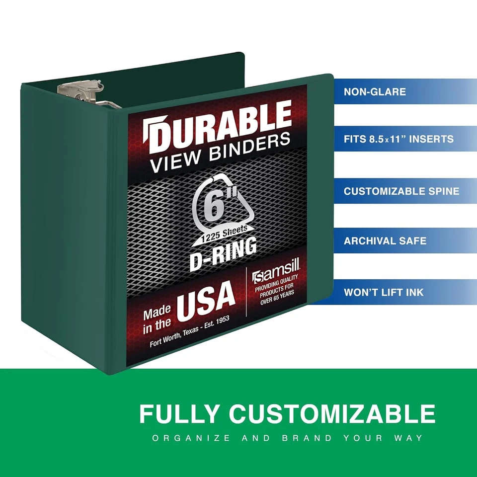Fichário Samsill durável de 6 polegadas, feito nos EUA, anel D de bloqueio verde  - Imagem 2 de 4