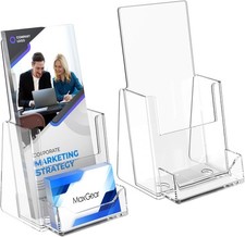 Vertical Acrylic Brochure Holder 4x9" with Business Card Organizer, Clear Displa