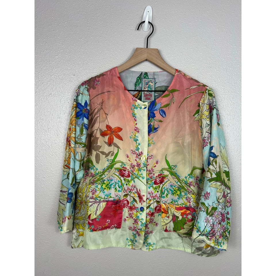 Johnny Was Silk Mizumi Floral Print Reversible Button up Top Multicolor XS - Image 4 of 4