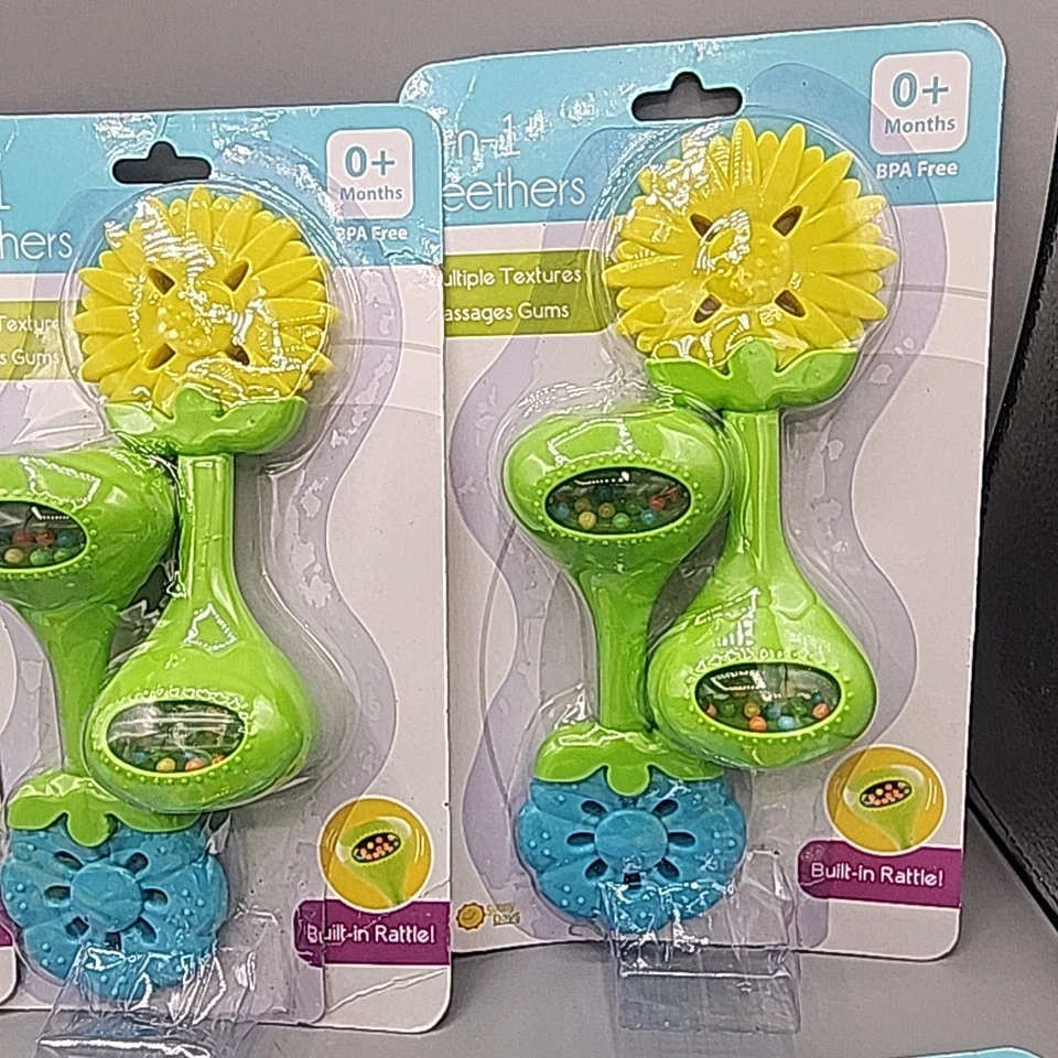 8-pack 16pc 2 In 1 Teethers 0+ Months Yellow Blue Flowers Bilt in Rattle READ - Image 4 of 4