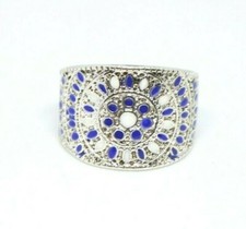 Blue Enamel Flower Silver Tone Statement Ring Size 8.75