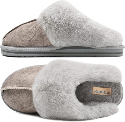 KuaiLu Womens Fluffy Dual Memory Foam Slippers Ladies Cozy Arch