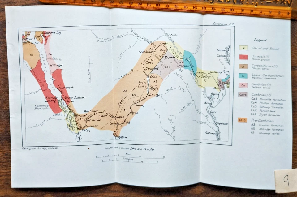 1913 Antique Geological Map of the Route between Elko and Procter - Canada - Image 1 of 1