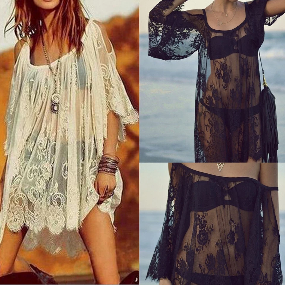 Bademode Damen Bikini CoverUp Vertuschung Kimono Bluse Spitze Strand Minikleider - Bild 2 von 4