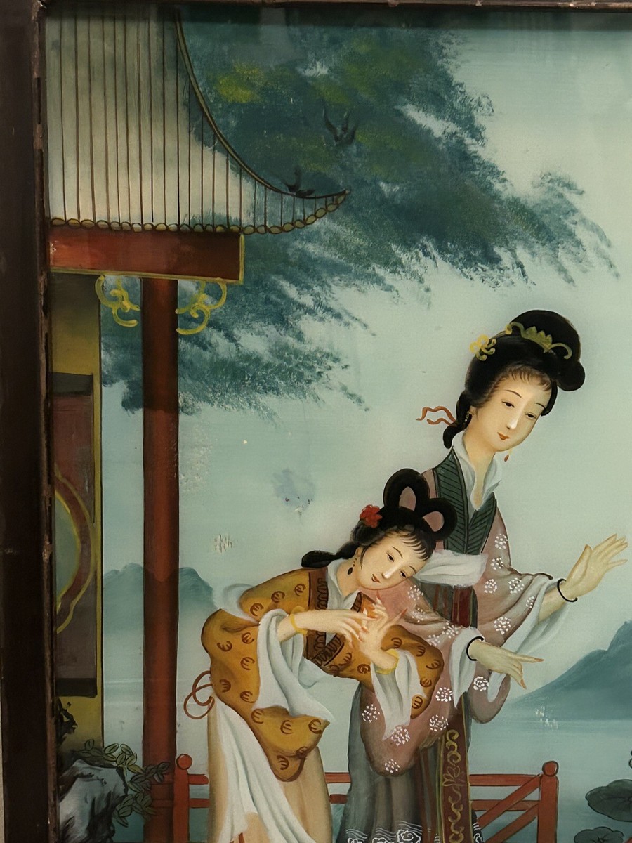 ANTIQUE VINTAGE JAPANESE REVERSE GLASS PAINTING LADY MOM DAUGHTER