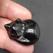 Natural Black Obsidian  Crystal Carved Sleep Cat Stone Healing Reiki Skull 1pc
