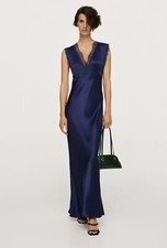 New Mango Navy Blue Satin Effect Lace Dress; Size S/4