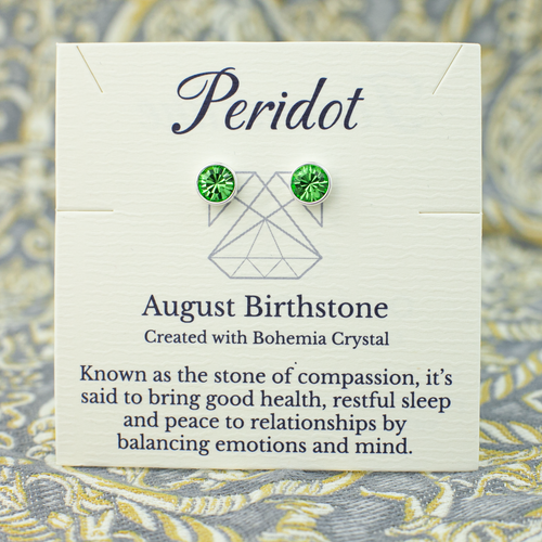 August Birthstone Peridot Earrings, Green Bohemian Crystal, Silver or Gold Studs - Picture 2 of 14