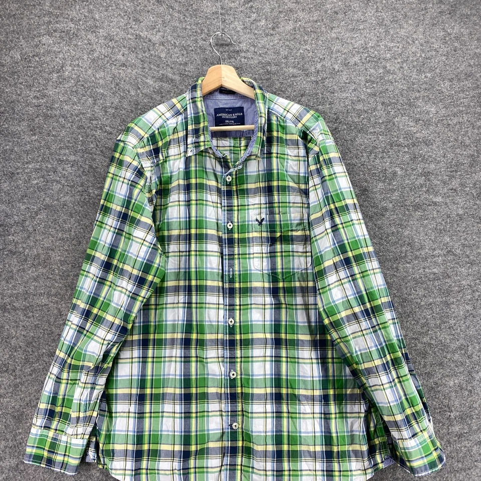 Camisa American Eagle Hombre 2XL Verde A Cuadros Cuello Abotonado Calce Atlético Algodón Foto 3 de 4