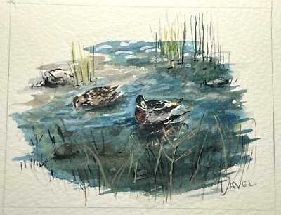 Watercolor Painting Ducks In Lake 5x6'' Fine Art Feeding Time Jim Davel Mallard