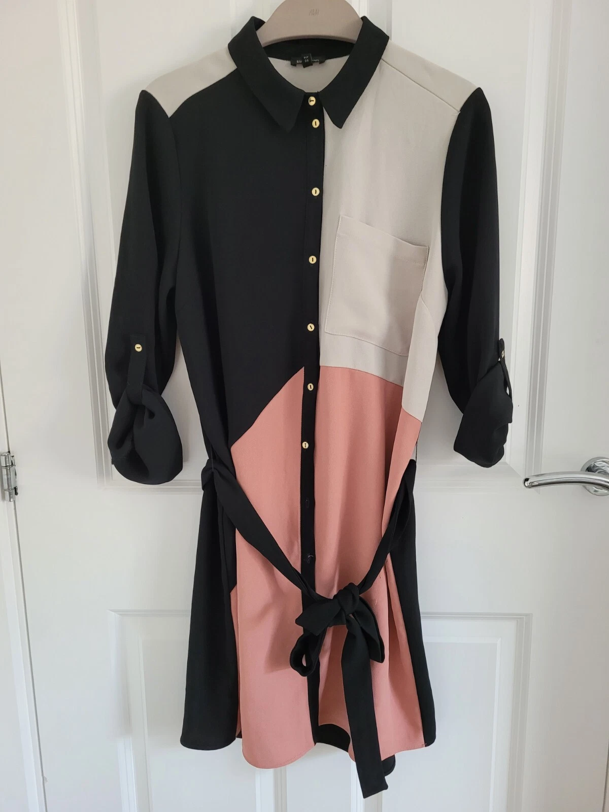 OFF WHITE Abito Camicia Nuova River Island Nero Rosa Polveroso Off White Blocco Colore Cravatta Cintura