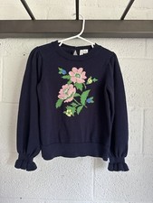 EUC JANIE JACK SZ 6 Floral Crewneck Ruffle Long Sleeve Knit Sweater NAVY BLUE