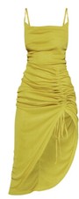 pretty little thing chartreuse mesh strappy cowl neck ruched skirt midi dress 0