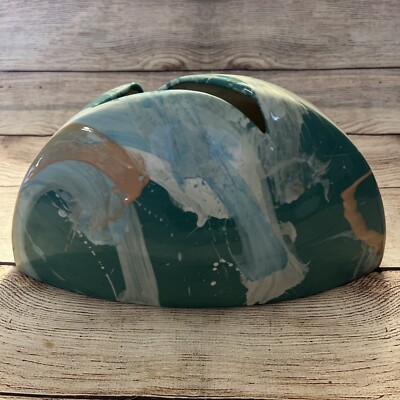Modern Abstract Signed Ceramic Vase 1988 Mint Green White Peach Paint Spatter 