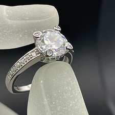 925 Ring Round Cut Cubic Zirconia CZ Solitaire Paved Sterling Silver - Size 5