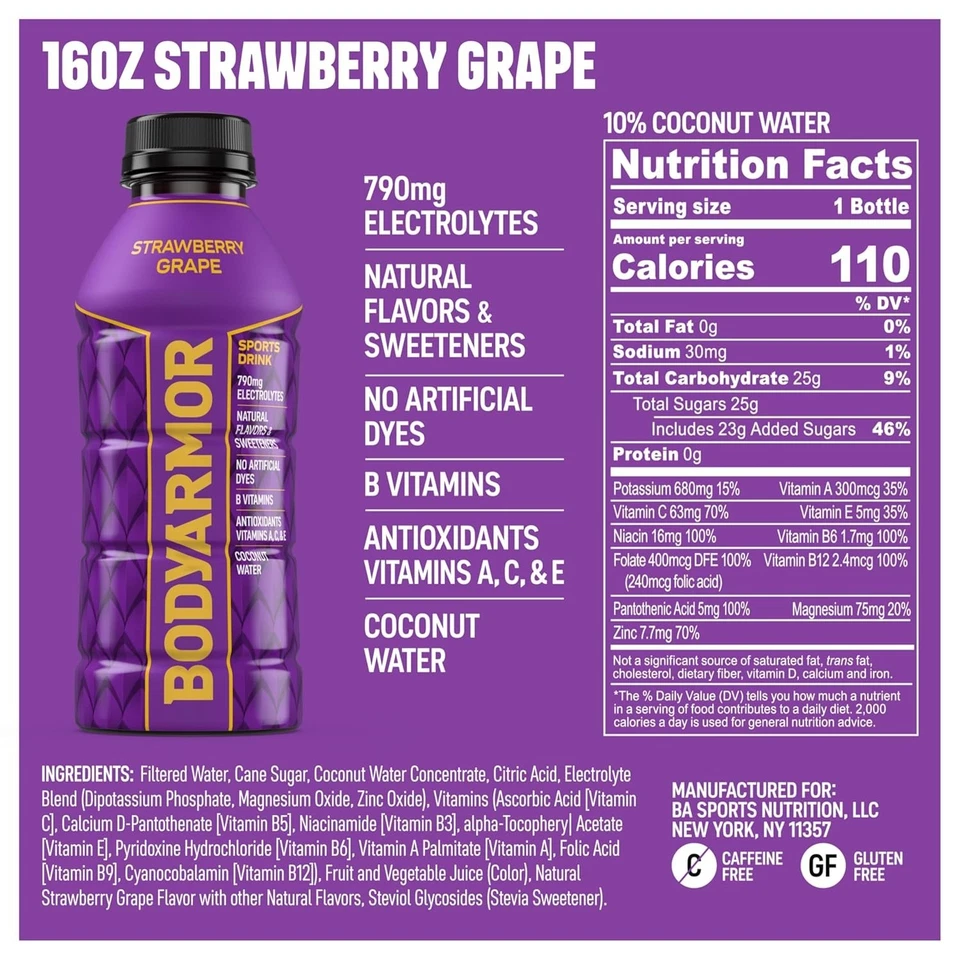 BODYARMOR Bebida Deportiva Bebida Deportiva, Fresa Uva, 16 Fl Oz (Paquete de 12) Foto 4 de 4