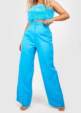 Boohoo Women’s Sz 14 Electric Blue Wide Leg Tailored Trouser Pants Zipper Button