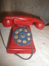 1940s Child's Toy  Phone World War II WW2 Solid Wood Dial "Works" Original Cord