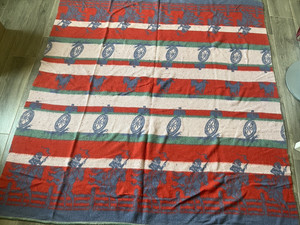 Vintage Western Theme Camp Blanket w COWBOYS HORSES WAGON WHEELS 71X68 READ