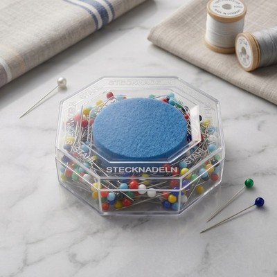 (4.50 EUR/100 Stück) Bunte Glaskopf Stecknadeln mit Nadelkissen in Plastikdose